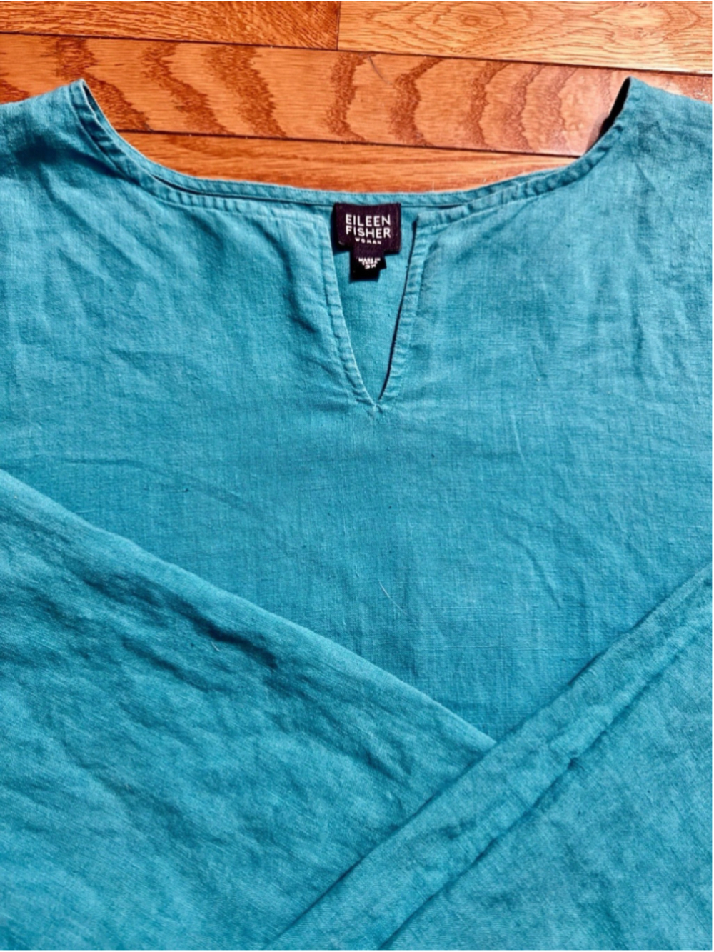 Eileen Fisher Womens 3X 100% Linen Top Teal Green Long Sleeve Tunic Minimalist